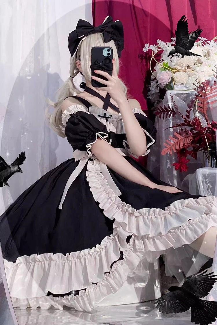 Black Monet Estate Sleeveless High Waisted Ruffle Bowknot Asymmetric Gothic Lolita Jsk Dress