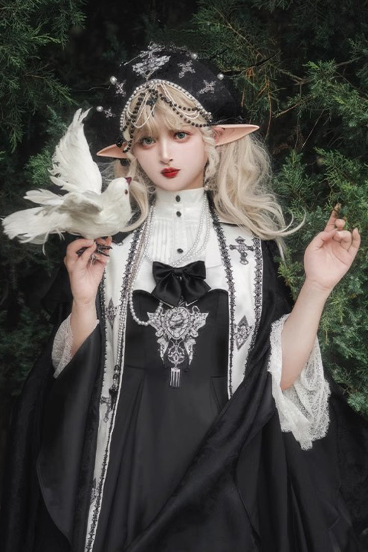 Black Cross Nun Stand Collar Off Shoulder Print Bowknot Gothic Elegant Lolita Dress