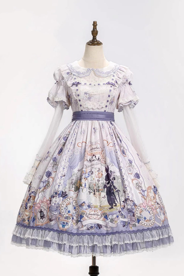 Purple Red Hare Tea Party Lapel Collar Long Sleeves Printed Ruffled Lace Chiffon Sweet Elegant Lolita Dress