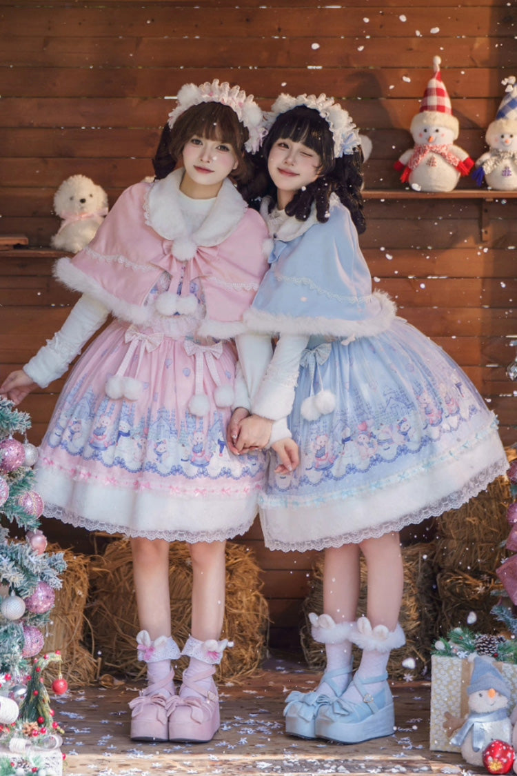 Blue Snowball Wonderland Print Merry Christmas Ruffle Bowknot Lace Sweet Lolita Jsk Dress