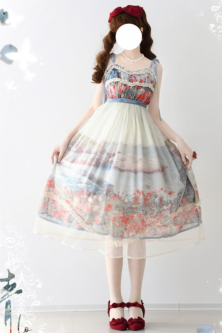Multi-Color Oil Painting – Island Garden Sleeveless Print Ruffle Bowknot Lace Sweet Lolita Jsk Dress
