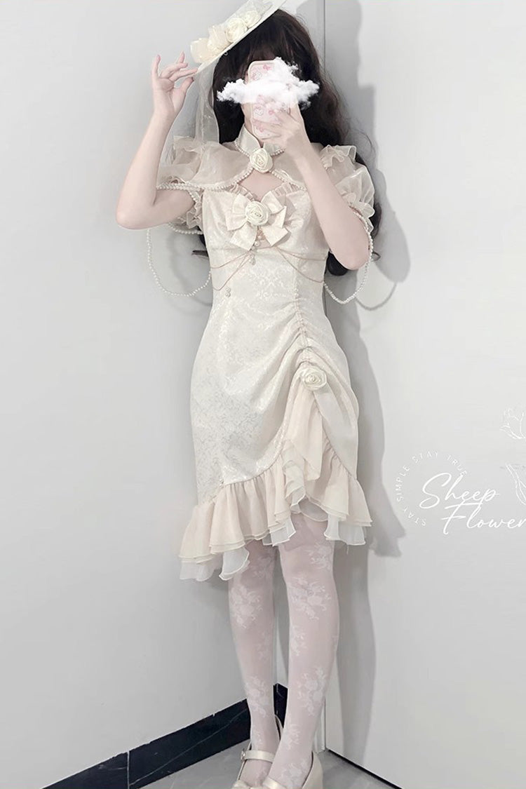 White Camellia 2.0 Sleeveless Jacquard Ruffle Lace Asymmetric Sweet Chinese Style Fishtail Lolita Jsk Dress