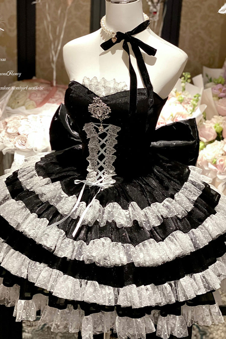 Black Heartbeat at First Sight Off Shoulder Sleeveless Multi-Layered Ruffle Bowknot Lace Lace-Up Sweet Princess Gorgeous Lolita Dress