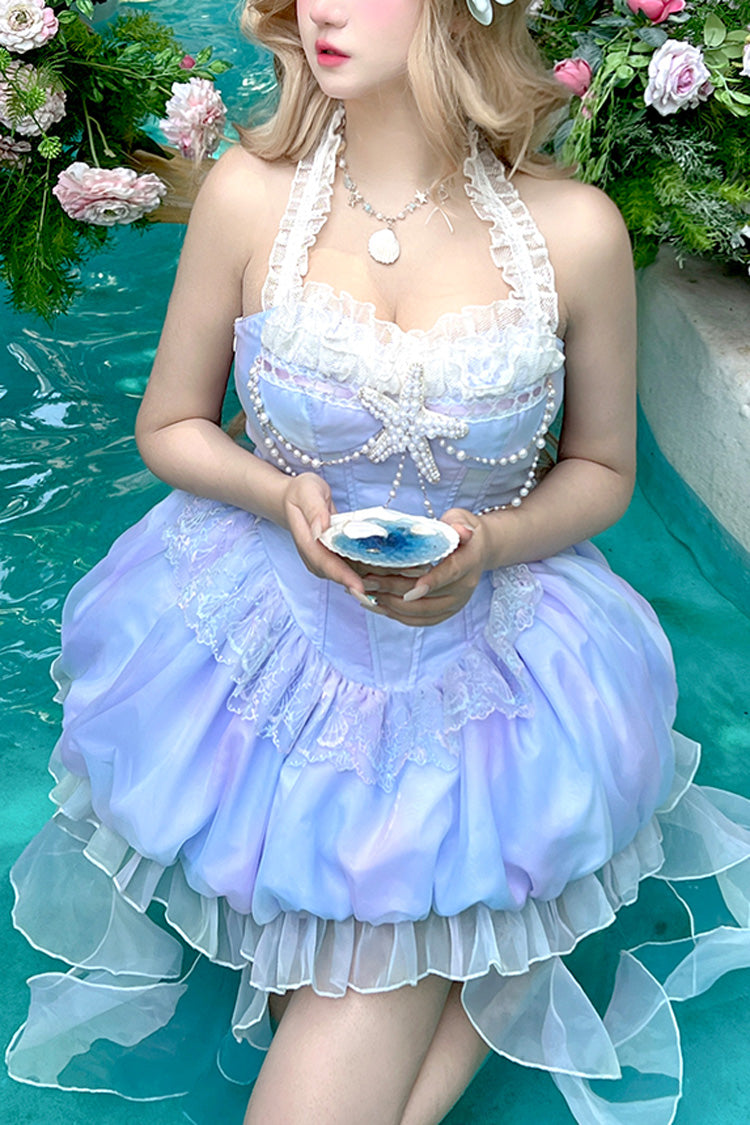 Blue Starlight Jellyfish Princess Halterneck Sleeveless Ruffle Lace Sweet Lolita Jsk Dress