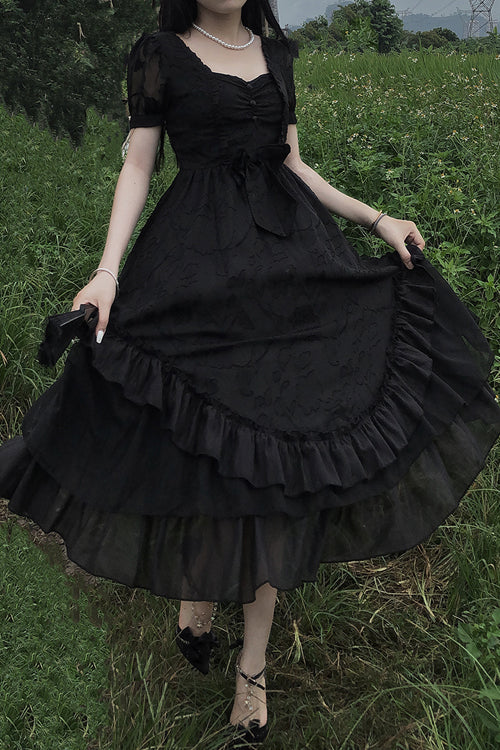 French Elegant Print Multi-Layer Ruffled Short Sleeve Classic Lolita Dress