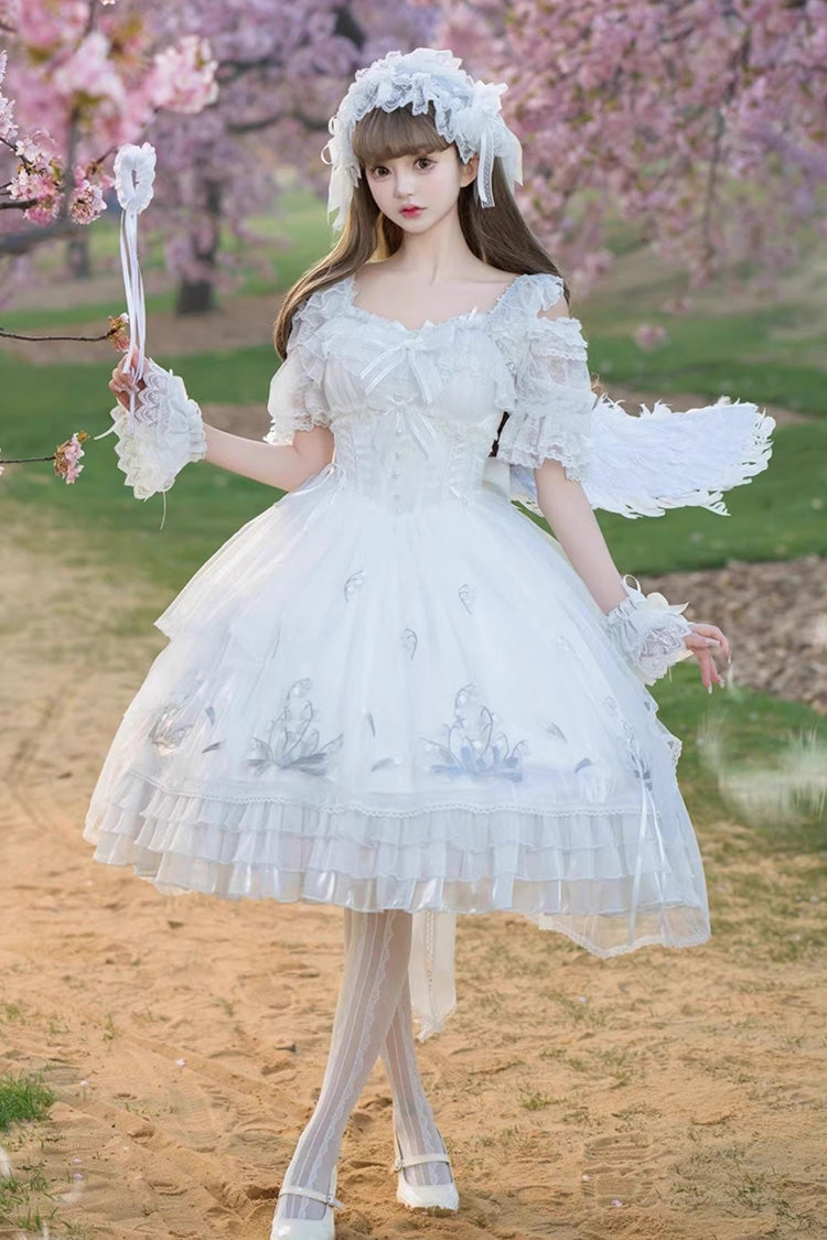 White Love Is Coming Multi-layer Ruffle Embroidery Bowknot Sweet Princess Lolita Jsk Dress