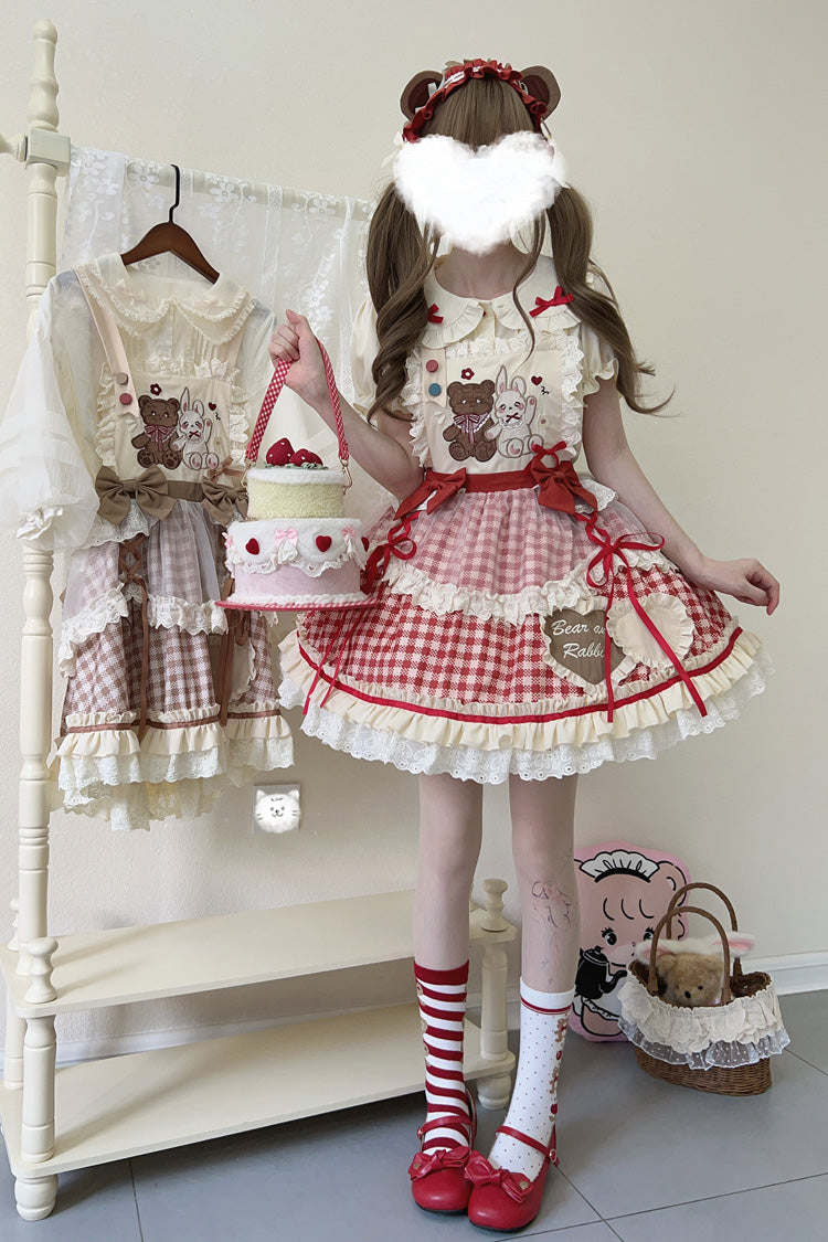 Rabbit Bear Diary Plaid Print Ruffle Bowknot Sweet Lolita Skirt 2 Colors (Blouse Included)