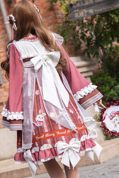 Dark Red Cat Print Chinese Style Bowknot Ruffled High Waisted Long Trumpet Sleeves Sweet Lolita OP Dress