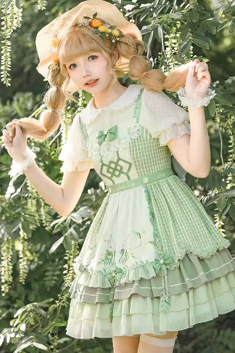 Green Multi-layer Print Ruffle Bowknot Country Style Sweet Lolita Jsk Dress (With Apron)