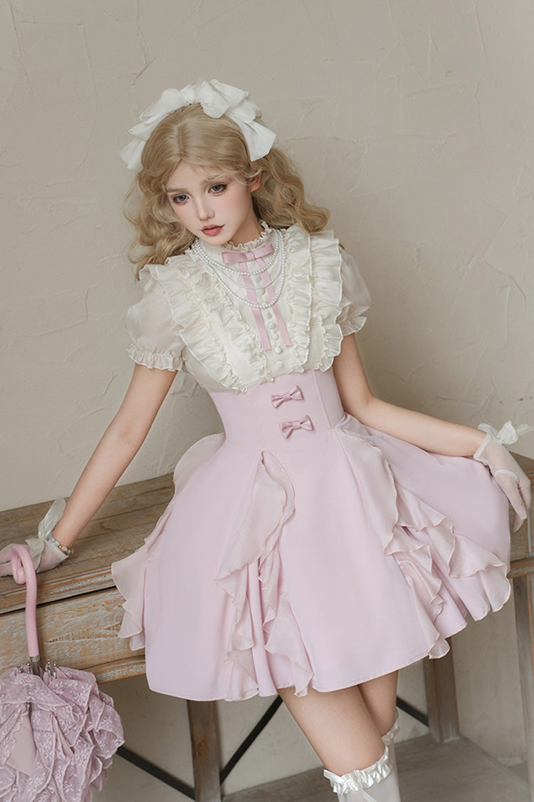 Pink/Apricot Miss Lola Stand Collar Short Sleeves Ruffle Bowknot Sweet Lolita Dress