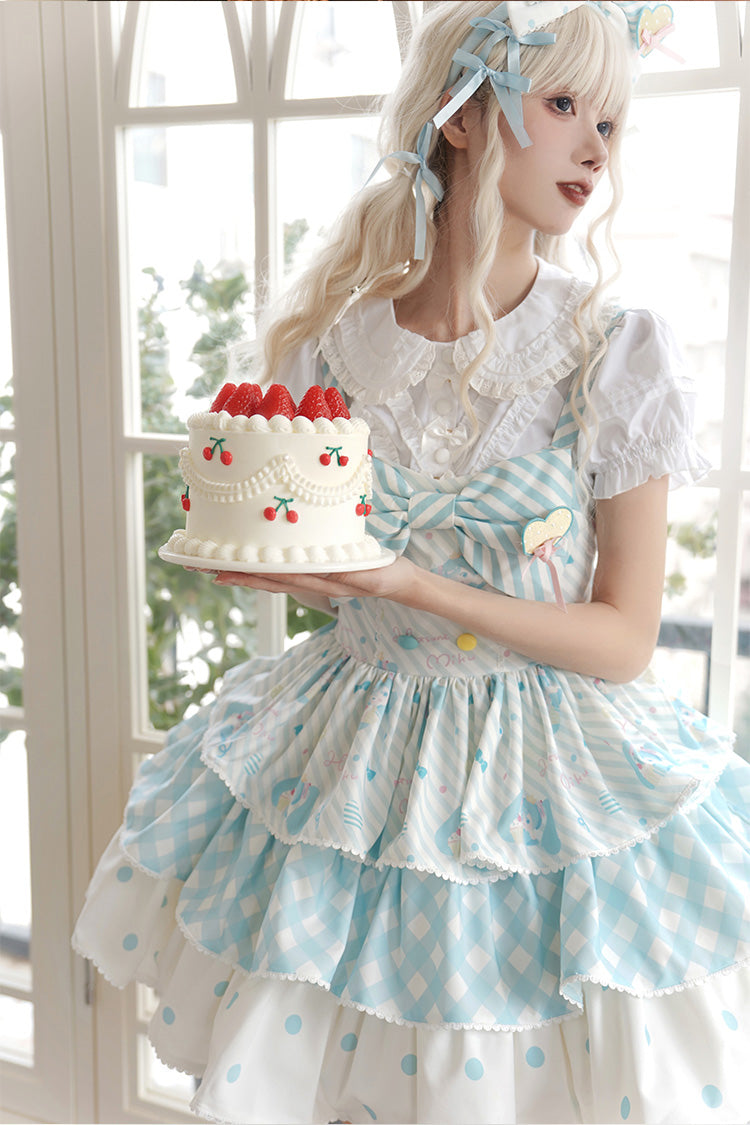 Blue Miku Sleeveless Triple-Layered Print Bowknot Sweet Lolita Jsk Dress
