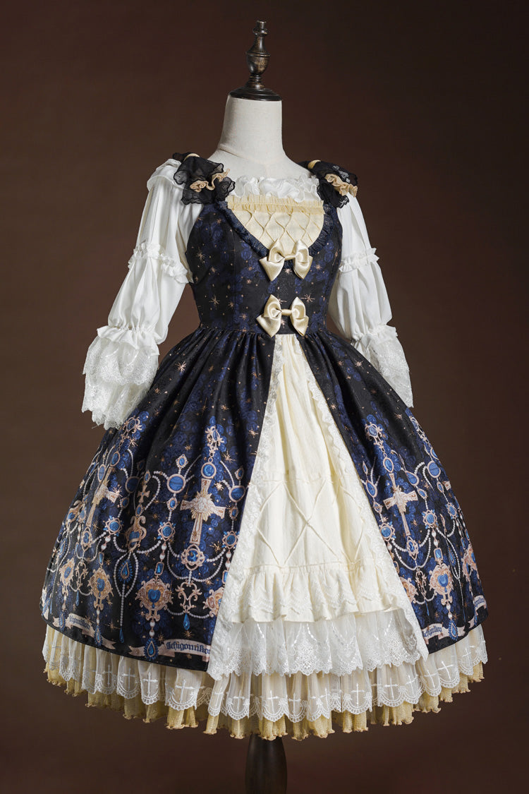 Blue/White Stone of Eden Triple-Layered Print Ruffle Hot Stamping Cardigan Bowknot Lace Elegant Sweet Lolita Jsk Dress