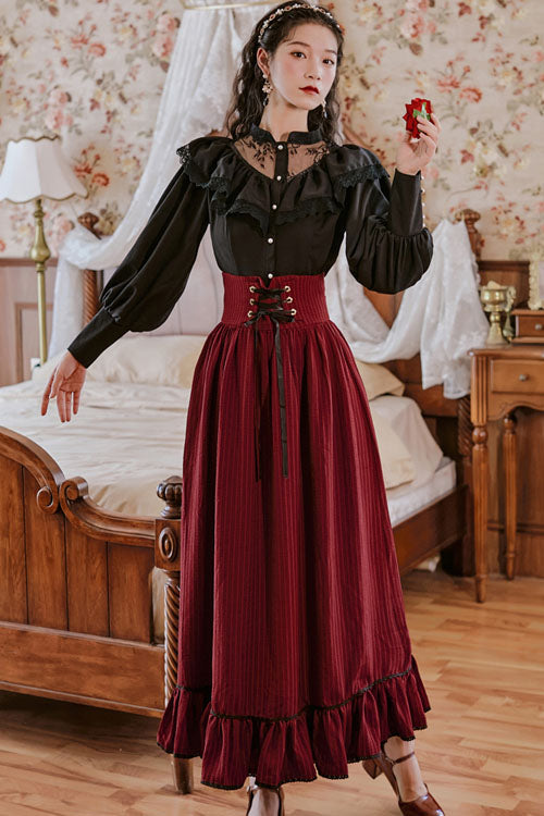 Wine Vintage Palace Style Ruffled Stripe Print High Waisted Classic Lolita Dress Skirt