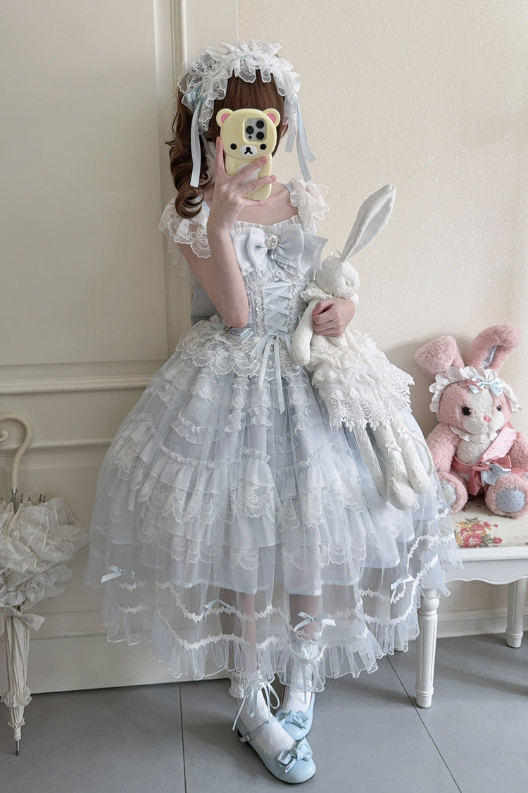 Blue Eternal Vow Sleeveless Multi-Layered Ruffle Hanayome Bowknot Lace Lace-Up Sweet Lolita Jsk Dress