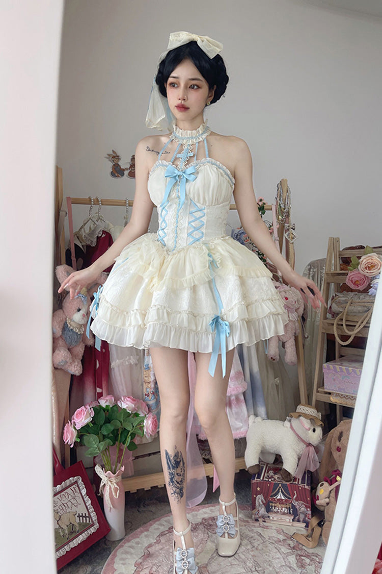 Blue/Ivory Tube Top Sleeveless Ruffle Bowknot Gothic Lolita Jsk Tiered Dress