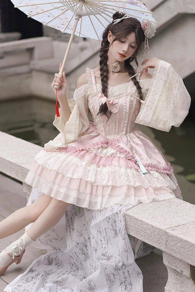 Pink Multi-Layered Ruffle Cardigan Lace Sweet Chinese Style Lolita Jsk Dress