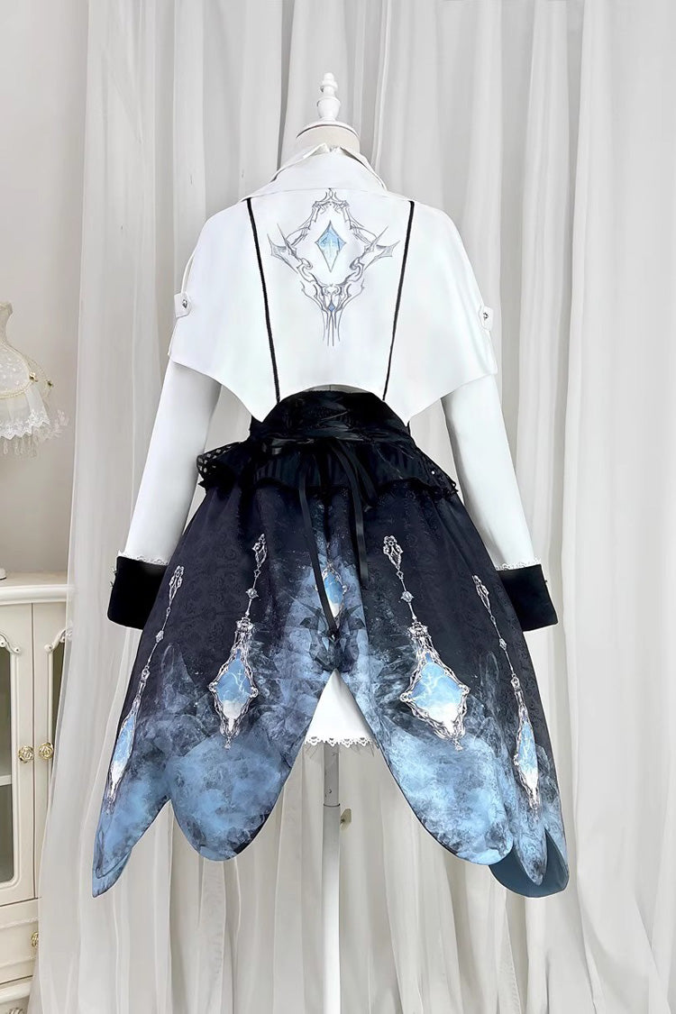White/Blue Gradient Print Ruffle Cardigan Pearl Sweet College British Knight Style Handsome Lolita Dress Set