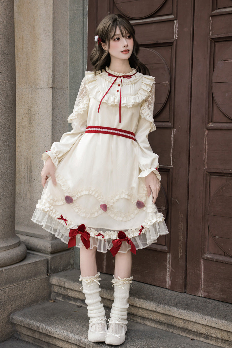 Ivory Strawberry Cream Cake Stand Collar Long Sleeves Ruffled Bow Lace Sweet Lolita Dress