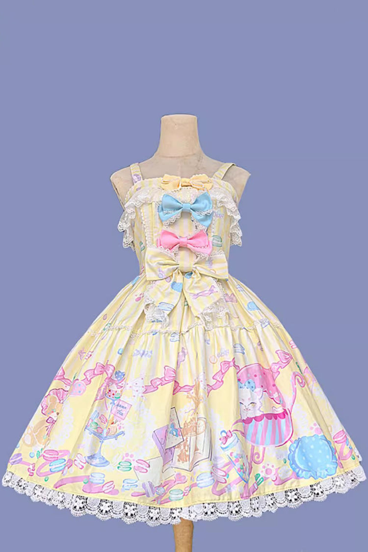Yellow Macaron Dolly House Sleeveless Print Bowknot Sweet Lolita Jsk Dress