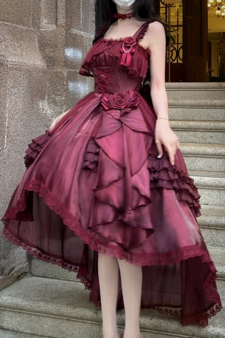 Red Square Collar Sleeveless Ruffled Bow Lace-Up Classic Elegant Princess Lolita Jsk Dress