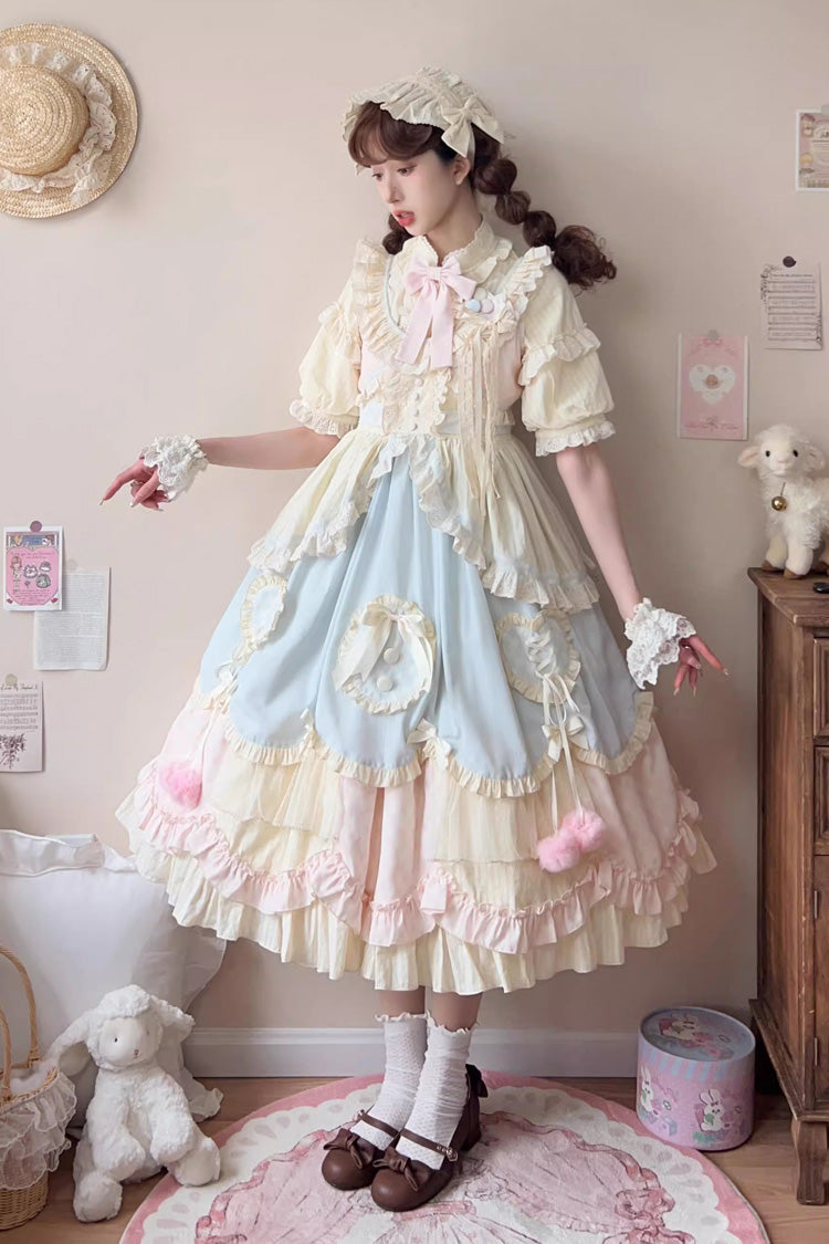 Multi-Color Mianmian Macaron Sleeveless Multi-Layered Ruffle Bowknot Lace Sweet Lolita Jsk Dress (Long Version)