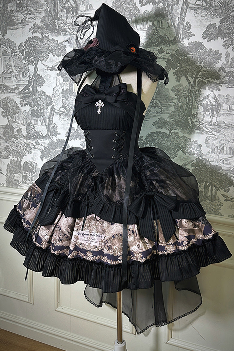 Black The Mystery of The Doll Halterneck Print Ruffle Bowknot Drawstring Gothic Lolita Dress