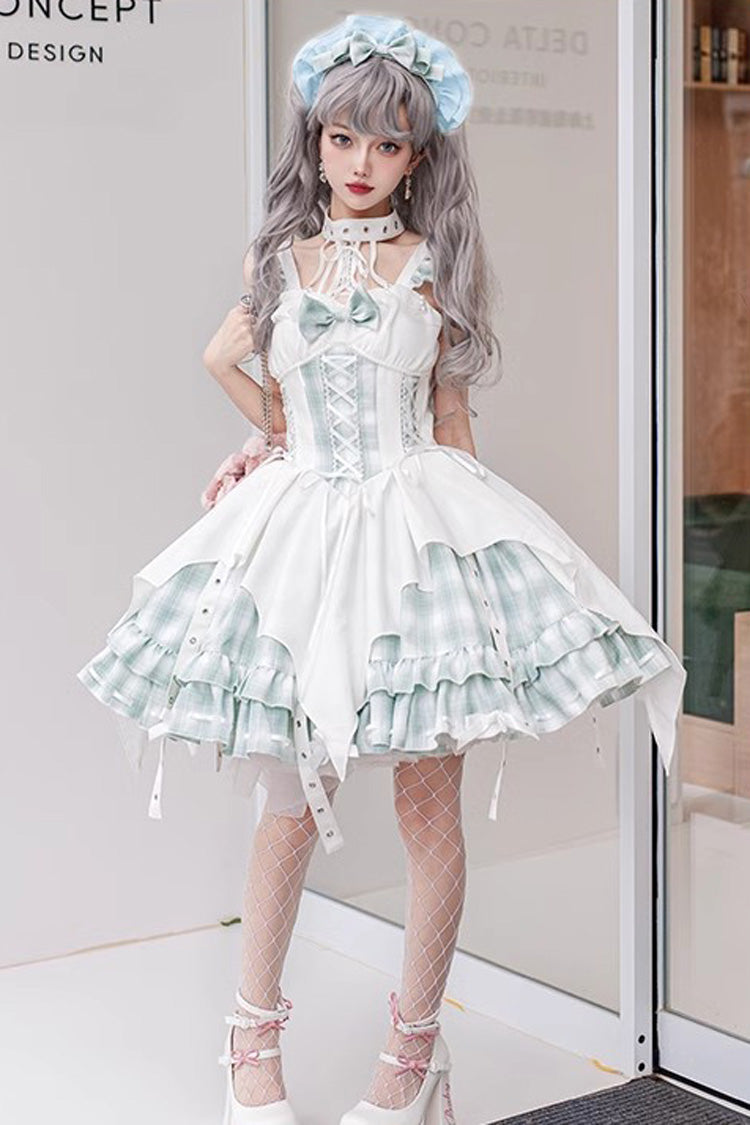 Rock Radio Wave Irregular Subculture Grid Print Bowknot Stitching Gothic Lolita Dress 3 Colors