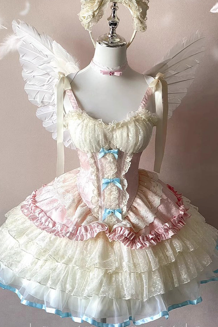 Pink/Beige Sweet Dream Peach Sleeveless Multi-Layered Ruffle Bowknot Lace Sweet Ballet Lolita Jsk Dress