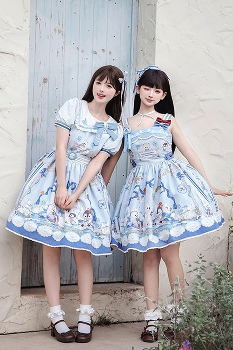 Blue Penguin Navy Print Ruffle Bowknot Sweet Princess Lolita Jsk Dress