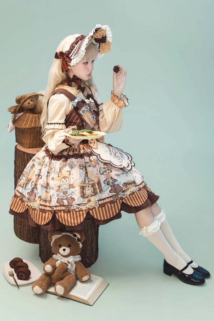 Bear Cookie Sleeveless Print Bowknot Sweet Lolita Jsk Dress Set 2 Colors