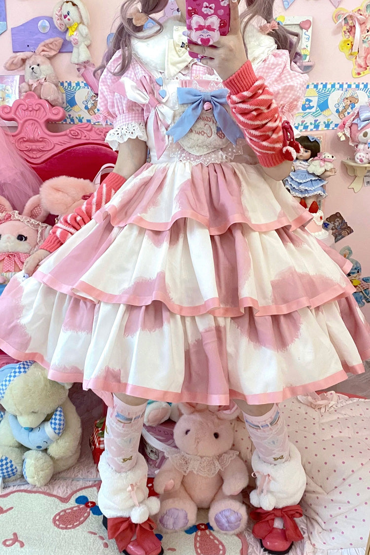 Pink Sleeveless Triple-Layered Cow Print Ruffle Bowknot Sweet Lolita Jsk Dress