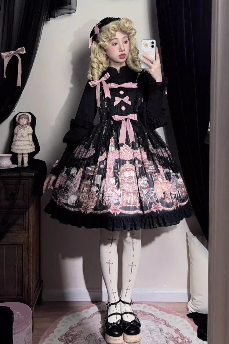 Black The Case of the Missing Lamb Print Ruffle Bowknot Lace Gothic Lolita Jsk Dress