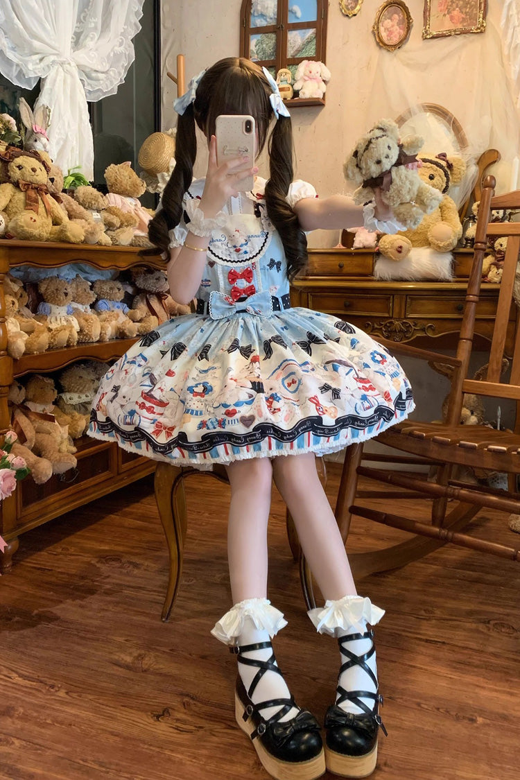 Blue Mystery Rabbit Tea Party Sleeveless Print Bowknot Lace Sweet Lolita Strap Dress