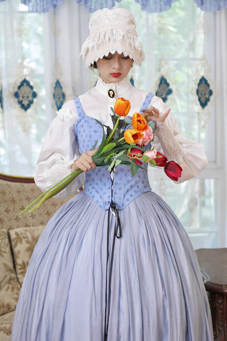 Light Blue Bashu Girl Long Puff Sleeves Print Lace-Up Fishbone Corset Sweet Lolita Skirt Dress Three-Piece Set