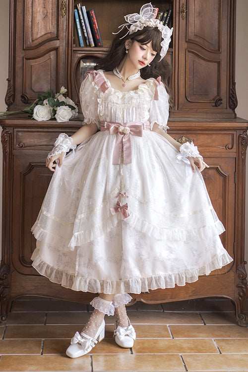 White Lace Ruffled Round Collar Short Sleeves Long Hanayome Sweet Lolita Dress