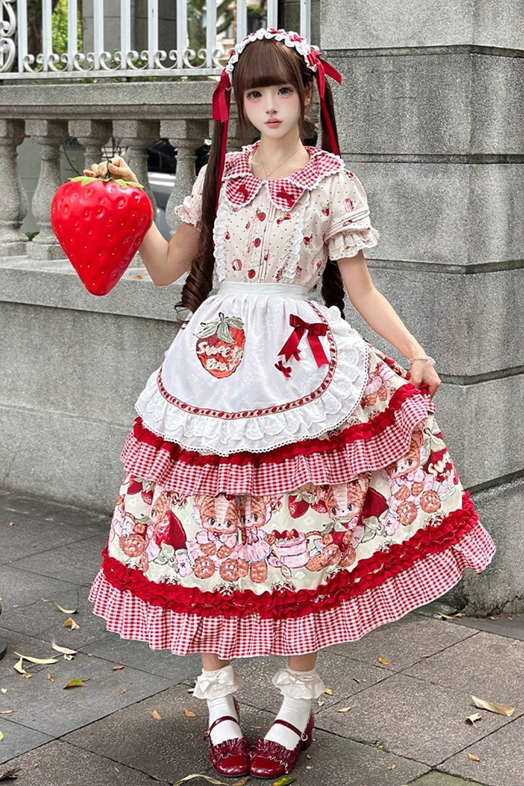 Red Bear Strawberry Ode Print Short Sleeves Double-Layered Ruffle Bowknot Sweet Princess Lolita Jsk Dress
