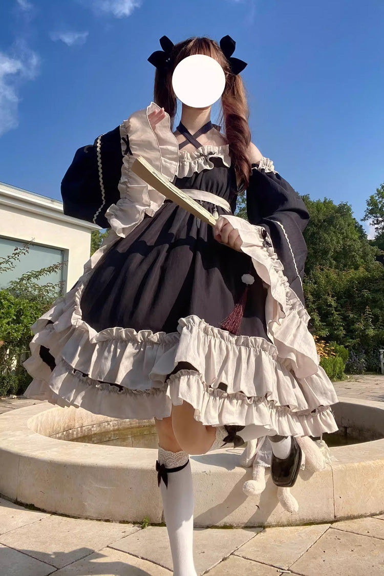 Black Monet Estate Sleeveless High Waisted Ruffle Bowknot Asymmetric Gothic Lolita Jsk Dress