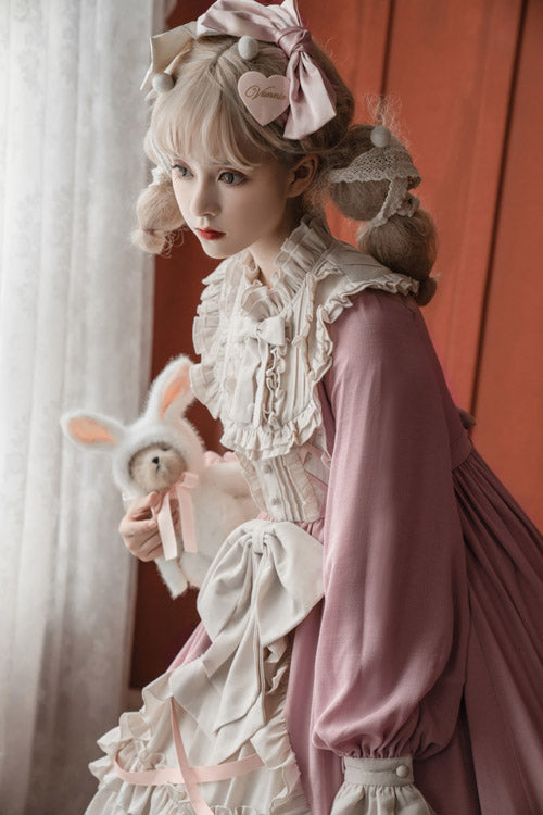 Pink Round Collar Bowknot Long Sleeves Multi-Layer Ruffled Sweet Lolita OP Dress