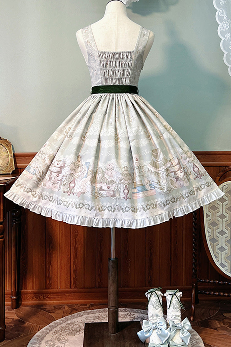 Iris Study V Collar Sleeveless Print Bowknot Lace Sweet Lolita Jumper Dress 2 Colors