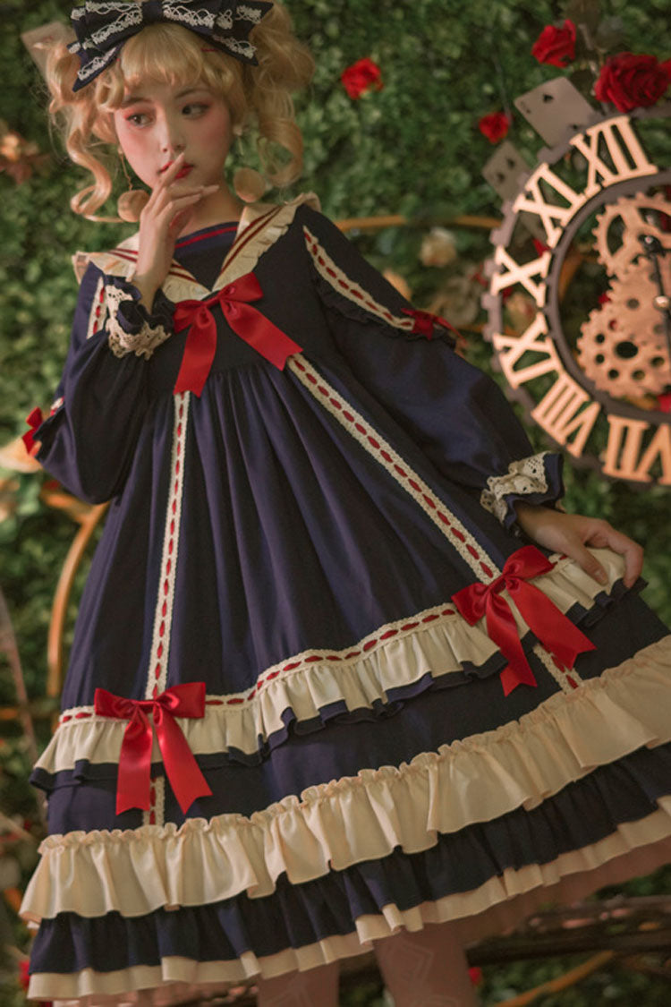 Court Style Long Sleeves High Waisted Bowknot Ruffled Multi-Layer Classic Lolita Op Dress