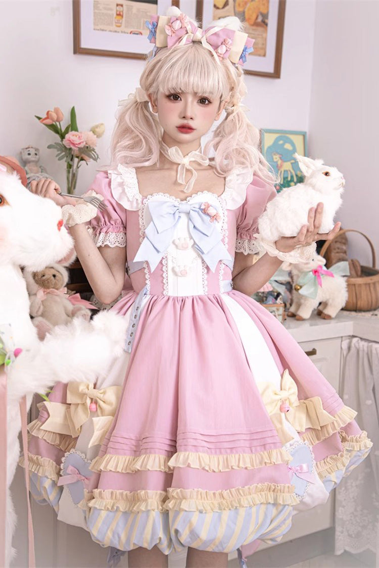 Pink Short Sleeves Multi-Layered Ruffle Bowknot Sweet Princess Lolita Dress Full Set