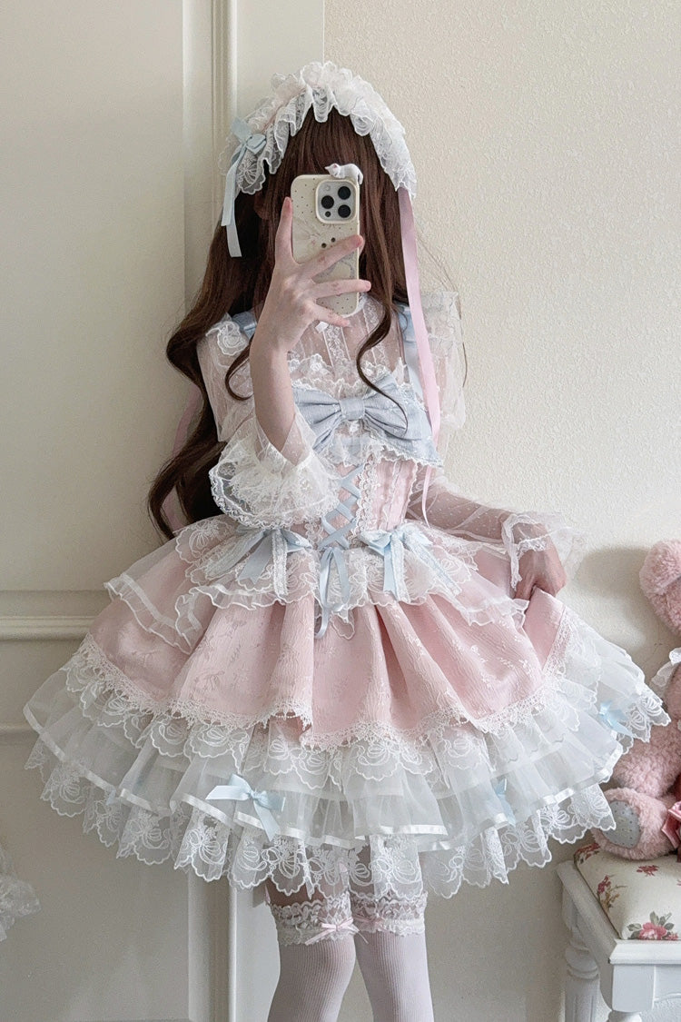 Pink Fleishi Island Sleeveless Ruffle Bowknot Lace Slim Sweet Ballet Lolita Jsk Dress