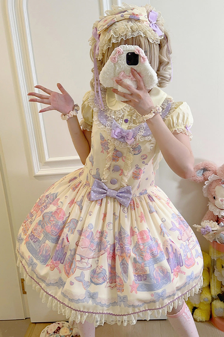 Cream Soda Mermaid Print Light Yellow Bowknot Lace Sweet Lolita Strap Dress