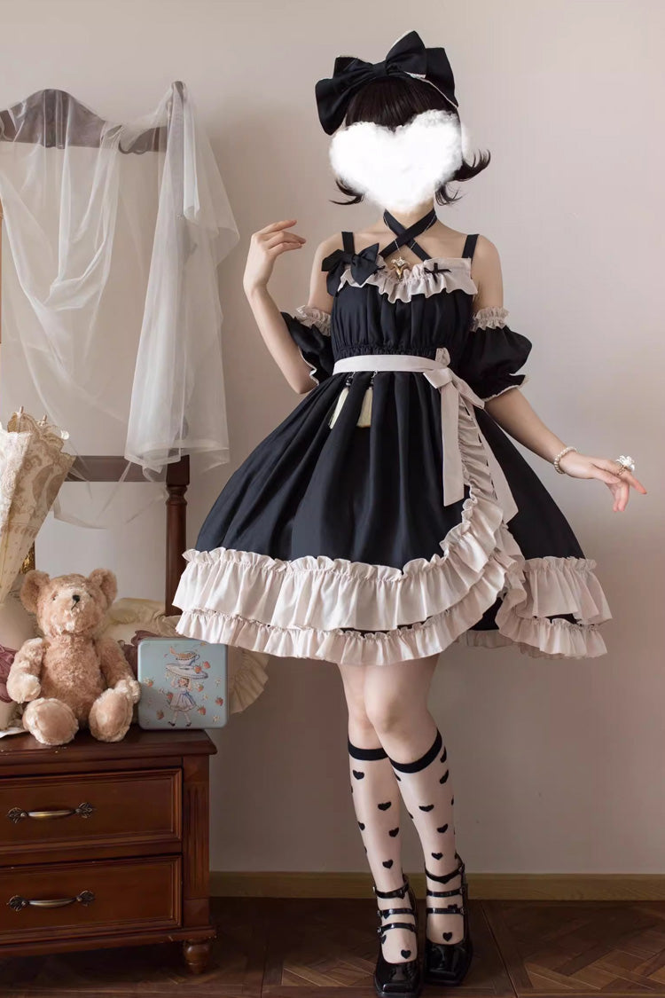 Black Monet Estate Sleeveless High Waisted Ruffle Bowknot Asymmetric Gothic Lolita Jsk Dress