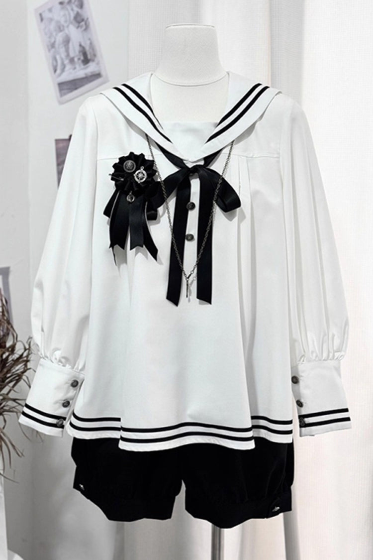 Black/White Old Stories Navy Collar Long Sleeves Bowknot Ouji Gothic Lolita Blouse Shorts Set