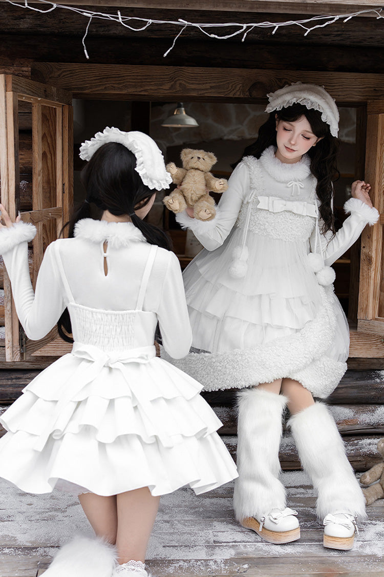 White Chocolate Triple-Layered Ruffle Bowknot Sweet Lolita Jsk Dress Set