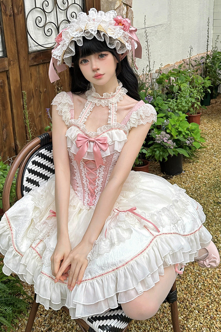White/Pink Secret Garden Multi-layer Ruffle Bowknot Lace-Up Sweet Princess Lolita Jsk Dress