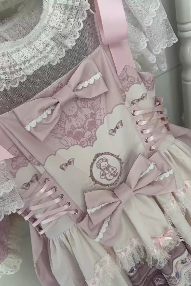 Pink Little Bear Shop Print Sleeveless Bowknot Lace Sweet Princess Lolita Jsk and Strap Dress