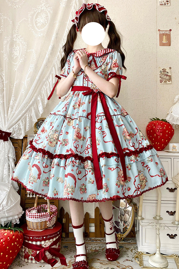 Bear's Strawberry Garden Lapel Collar Short Sleeves Print Bowknot Sweet Lolita Dress 4 Colors