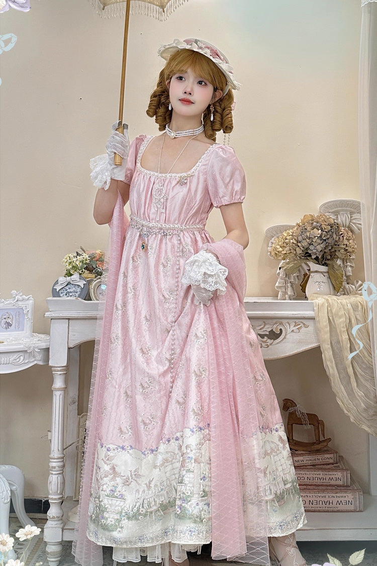 Pink Spring of Nai Square Collar Short Sleeves Print Pearl Sweet Elegant Lolita Dress